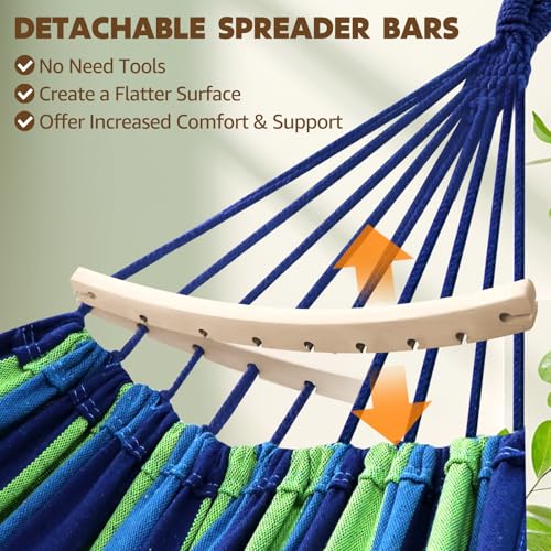 Cotton Hammock 8.9x4.9ft Holds Up to 660lbs Prevents Side (Blue/Green Stripes / 270x150cm)