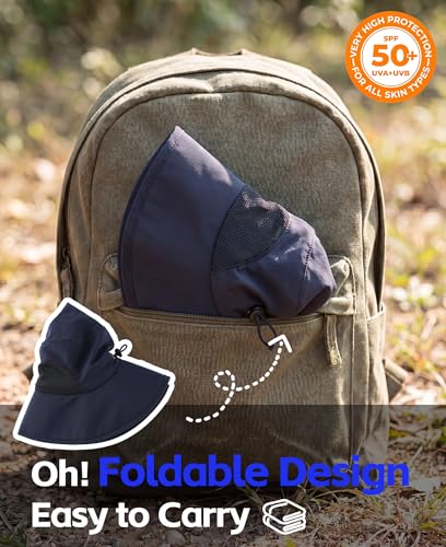 UPF50+ Mens Sun Hat Wide Brim Fishing Hat Airy Mesh UV Protection Portable Bucket Sun Hat Navy Blue (One Size / Navy Blue)