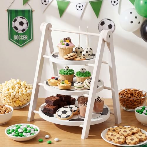 3 Tier Soccer Ball Serving Trays Wooden Shaped Soccer Stand Platters 12'' 10'' 8'' Round Charcuterie Plate Board Reusable Party Serving Plate for Game Tailgate Party Supplies (Soccer)