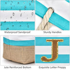 Beach Bag Initial Beach Tote with Makeup Bag for Travel Work Storage Personalized Birthday Gifts for Women Her (Cyan Blue 2 Pcs / J)