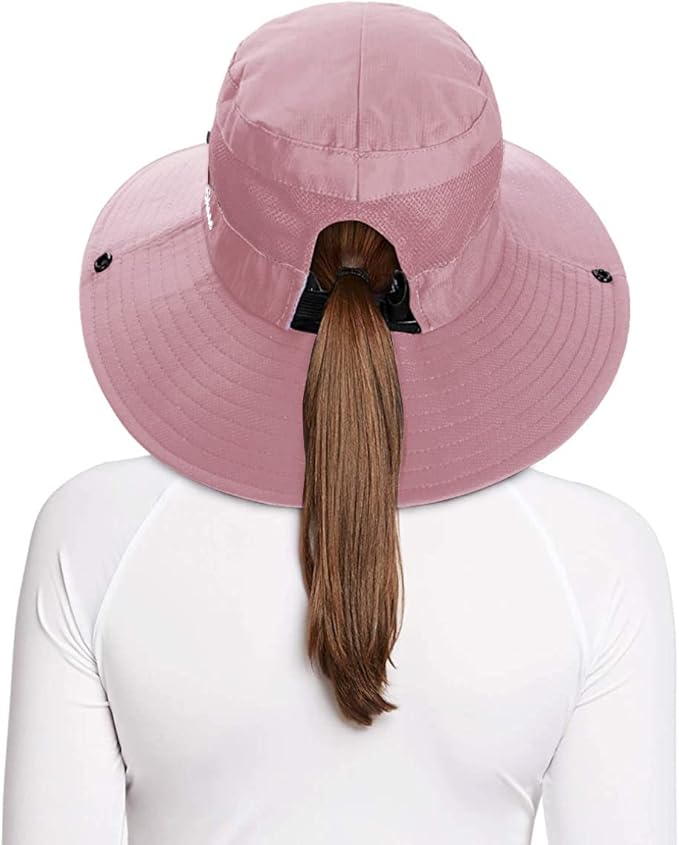 Rosoz Ponytail Sun Bucket Hats for Women UV Protection Foldable Mesh Wide Brim - Image 2