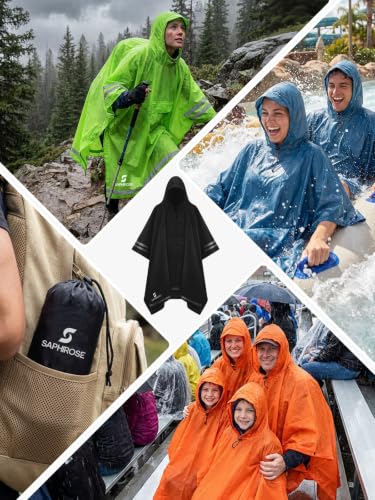 Adult Rain Poncho Waterproof Hooded Raincoat Lightweight Packable (One Size / Black03 (With Reflective Stripes))