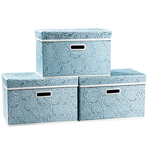 Collapsible Storage Cubes with Lids Fabric Decorative Storage Bins Boxes Organizer Containers Baskets with Cover Handles for Bedroom Closet Living Room 14.9x9.8x9.8 Inch 3 Pack (Blue / Medium(3-Pack))