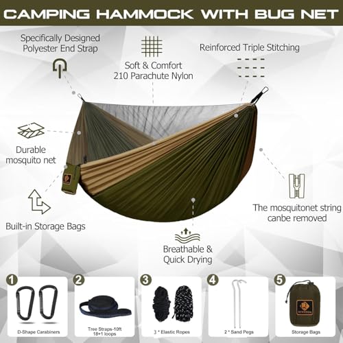 Camping Hammock with Mosquito Net (Green&khaki / X-Large)
