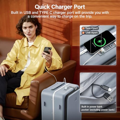 20 Inch Carry On Luggage with Cup Holder and USB Ports (Grey / Non-Expandable 20 Inch)