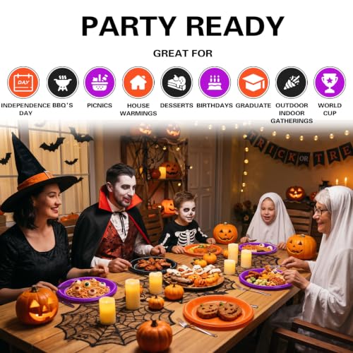 100 Count 10 Inch Halloween Plastic Plates Colored Party Disposable Plates (Black/Orange/Purple / 100 Pcs)