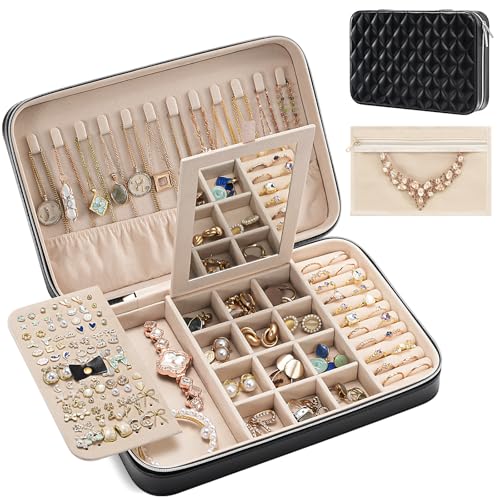 Travel Jewelry Case for Women Girls (Black / Large (10"W*6.69"D*2.17"H))