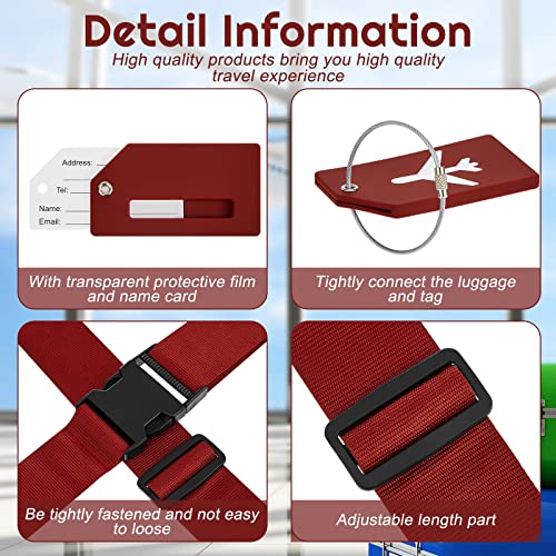 8 Pcs Luggage Straps Suitcase Tags Set for Tsa Approved (Wine Red / Airplane)