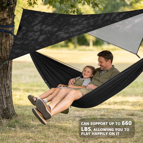 Camping Hammock with Rain Fly Tarp Mosquito Net Heavy Duty Tree Straps Portable Double Parachute Hammocks Tent Waterproof Rainfly Set (Rain Fly Size：98.4x59in / Black)