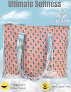 100% Cotton Quilted Tote Bag For Women (Peach Pearl Leaf Print)
