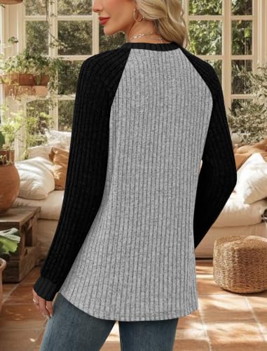 Womens Tops Long Sleeve Shirts Sweaters for Women Fall Teacher Outfits (Medium / Black Grey)
