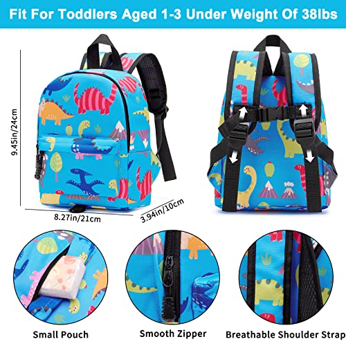 Toddler Backpack Leash with Anti Lost Wrist Link (Light Blue/Dino, Blue Link)