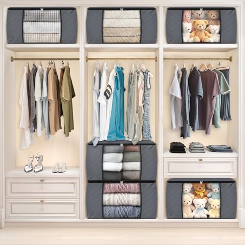 6 Pack Storage Bags for Clothes Blanket Storage Bins with Lids (6 Pack-60l / Grey)