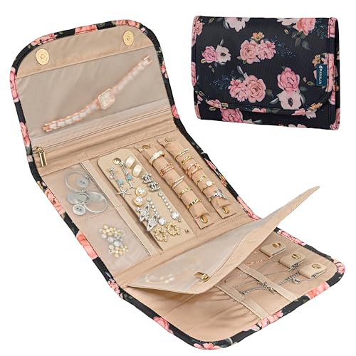 Travel Jewelry Case Organizer Roll Bag Accessories Floral Black (Floral Black)