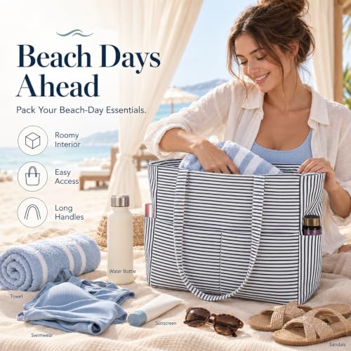 Waterproof Beach Tote Pool Bags for Women Ladies Extra Large Carry On Bag With Wet Compartment for Weekender Travel (Purple & White Micro Stripes)