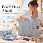 Waterproof Beach Tote Pool Bags for Women Ladies Extra Large Carry On Bag With Wet Compartment for Weekender Travel (Purple & White Micro Stripes)