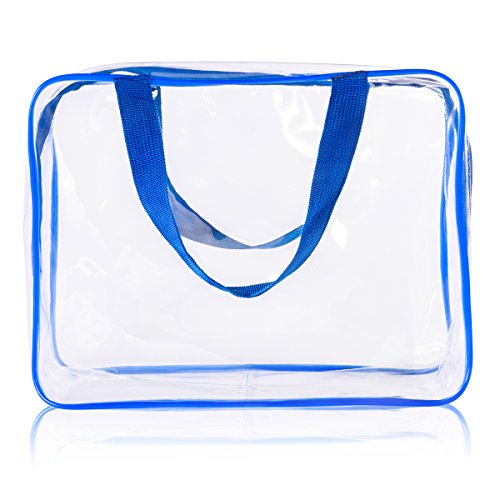 3Pcs Crystal Clear PVC Travel Toiletry Bag Kit for Women Men (1 Large, 1 Medium, 1 Small-Blue / 3 Piece Set)