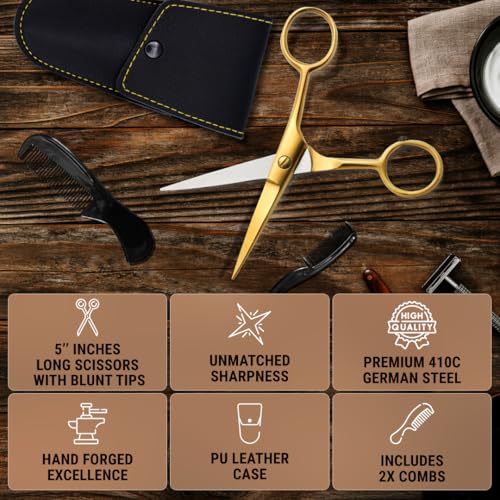 5" Beard & Mustache Scissor with Combs for Men (Golden Brass)