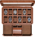 12 Slot Leather Watch Box with Valet Drawer (Tan / Brown)