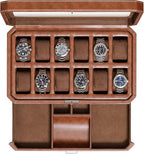 12 Slot Leather Watch Box with Valet Drawer (Tan / Brown)