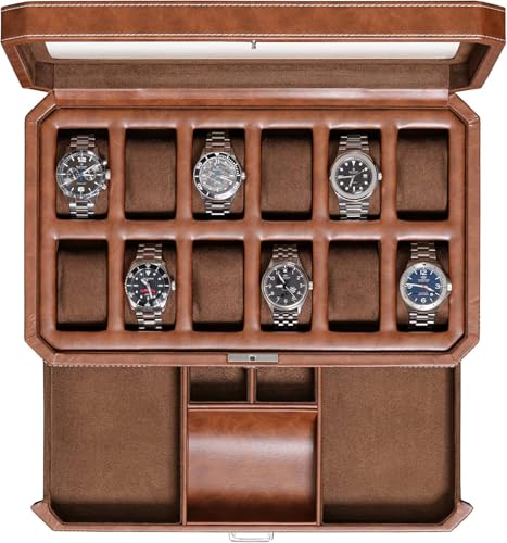 12 Slot Leather Watch Box with Valet Drawer (Tan / Brown)