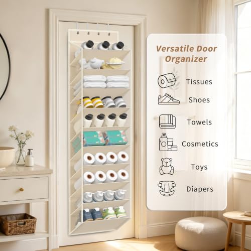 10 Tiers Mesh Over Door Shoe Organizer Storage (Beige-1 Pack of 10 Cell)
