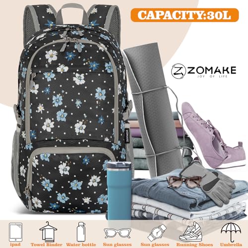 Lightweight Packable Backpack 30L (30L / D-black,floral Pattern)