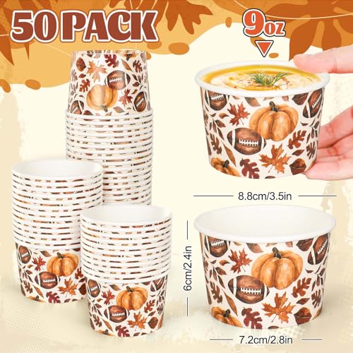 50Pcs Fall Snack Cups Football Pumpkin Maple Leaves Disposable Paper Bowls Autumn Decorative Ice Cream Dessert Soup Bowls for Thanksgiving Party Supplies Hot Cold Drinks