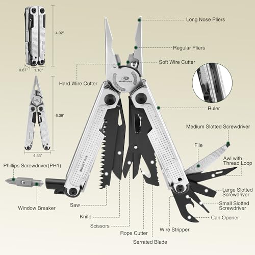 20-in-1 Multitool Pliers with Window Breaker, Stainless Steel (20-in-1, Silver)