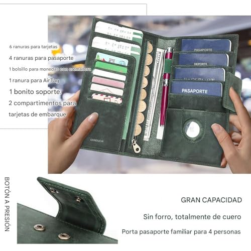 Full Grain Leather RFID Blocking Family Passport Holder for 4 Passport Wallet Compatible with Airtag Travel Passport Cover with 4 Passport Slot (Dark Green)