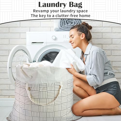 Canvas Laundry Bag with Handles & Drawstring (Geometry Grid,1pc XL / XL 33"W x 35"H┃1 Pack)
