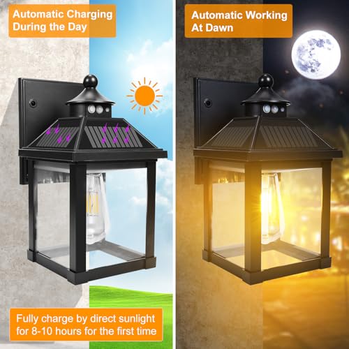 Solar Wall Lights Outdoor Dusk to Dawn Solar Sconces with Motion Sensor (Black 2 pack)