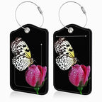 2 Pack Luggage Tags for Suitcases Butterfly on Pink Rose Leather Luggage Tags Privacy Cover ID Label with Stainless Steel Loop and Address Card for Women Men Travel Bag Backpack (Butterfly on Pink Rose)