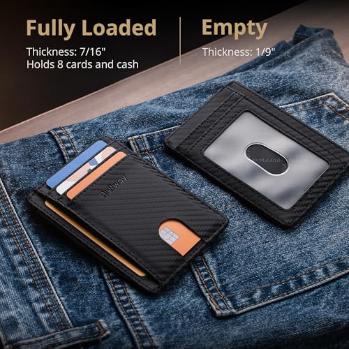 Slim Minimalist Front Pocket RFID Blocking Leather Wallets for Men and Women (Small / Carbon Fiber Black)