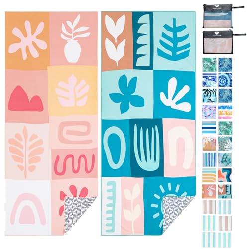 2 Pack Microfiber Beach Towel (2 Pack- Geometry/Leaf / 75”x 35”)