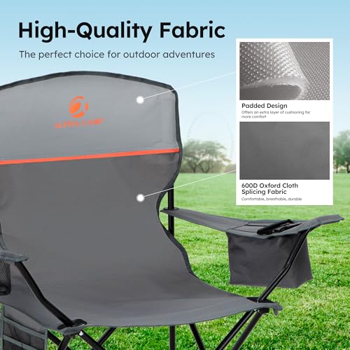 2 Pack Folding Camping Chair with Cooler Bag & Lumbar Support (Light Gray)