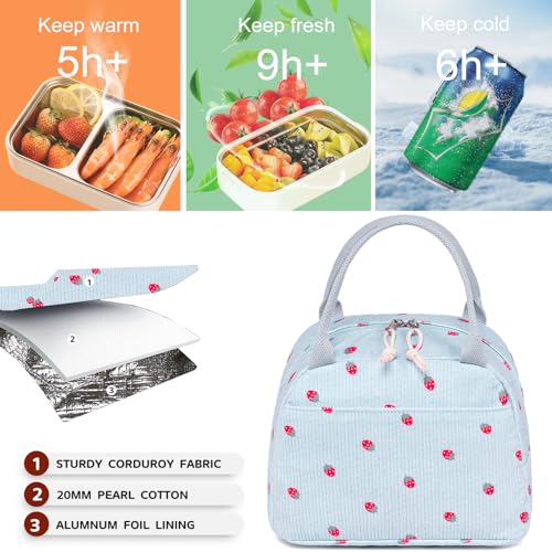 Lunch Bag for Women Men Cute Corduroy Lunch Tote Bags Reusable Insulated Lunch Box Large Capacity Reusable Insulated Cooler for Work Picnic or Travel (Blue Strawberry / 10L)
