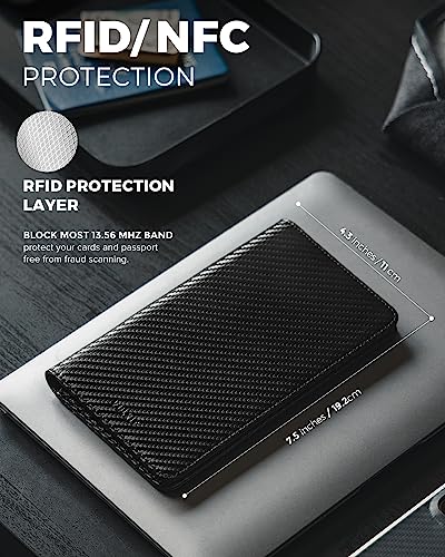 Passport Wallet for Travel RFID Blocking Premium Leather (Carbon Fiber Black)