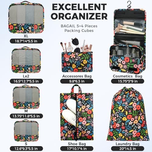 9 Set Packing Cubes with Packing List Luggage Packing Organizers for Travel Accessories (Black floral)