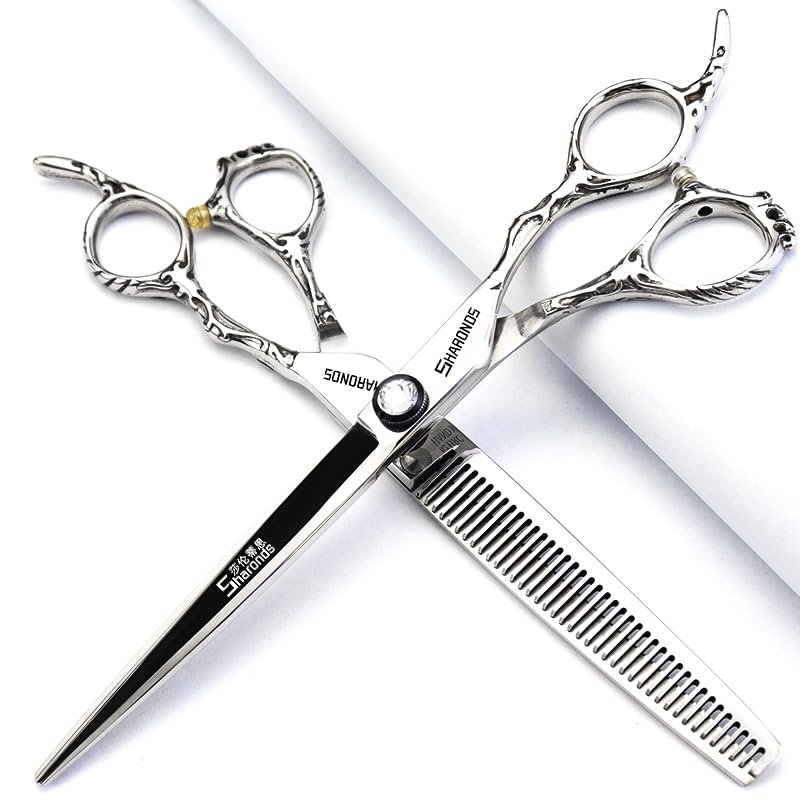 6/7/8 Inch Professional Hairdressing Scissors Barber Rose Pattern Hair Stylist Shears Styling Tool Japanese Stainless Steel Clippers (7-in three piece set) (7-inch -3pc-a)