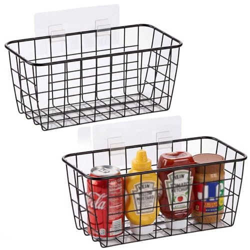 2 Set Adhesive Hanging Wall Basket Inside Cabinet Door Organizer (Black / 2 PACK)