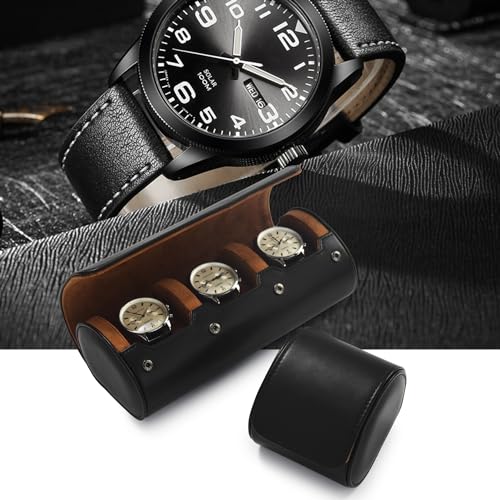 3 Slot Leather Watch Travel Case Black (Black / 3-Slot)
