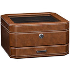 6 Slot Leather Watch Box with Valet Drawer (6 Slot - Tan / Brown)