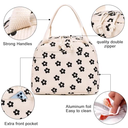 Lunch Bag for Women Men Cute Corduroy Lunch Tote Bags Reusable Insulated Lunch Box Large Capacity Reusable Insulated Cooler for Work Picnic or Travel (Corduroy Black Floral 95 / 10L)