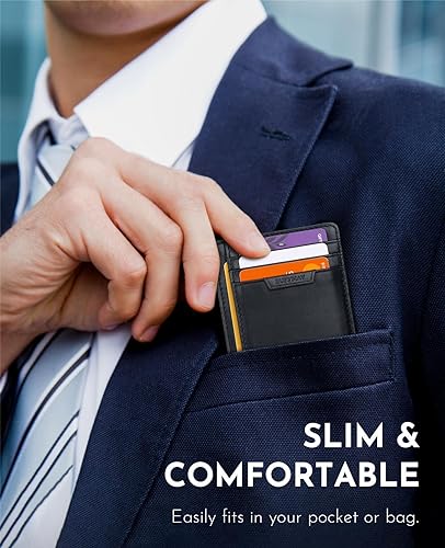 Slim Wallet for Men Women Minimalist Small Leather Front Pocket Wallets with RFID Blocking and Gifts Box (Small / Bassa Black)