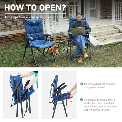 Folding Padded Camping Chair 4 Positon Adjustable Recliner with High Back Support Portable for Adults (Blue)