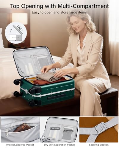 24 Inch Checked Luggage Front Opening Rolling Suitcase Hard Sided Luggage with Spinner Wheels Travel Luggagefor Woman Men (24 Inch / Dark Green)