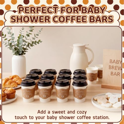 48 Sets 8 oz A Baby Is Brewing Coffee Cups with Lids and Sleeves (Baby)