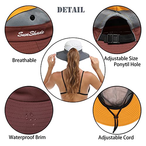 Womens Summer Sun Hat Beach Hat Wide Brim Outdoor UV Protection Hat Foldable Cool Mesh Ponytail Bucket Hat (6-7 / Yellow-brown)