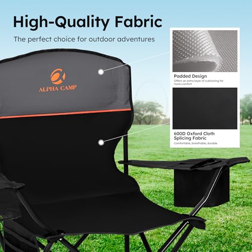 2 Pack Folding Camping Chair with Cooler Bag & Lumbar Support (Black&grey)